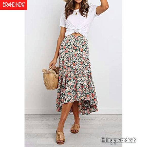 Floral Print Midi Skirt High Waist Elastic A-Line Summer Boho Trendy - Picture 3 of 8